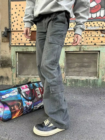 Aidase Green Cargo Jeans for Men Casual All-match Cool Handsome Multi-pockets Trousers Joggers Vintage Streetwear Personality aidase-shop